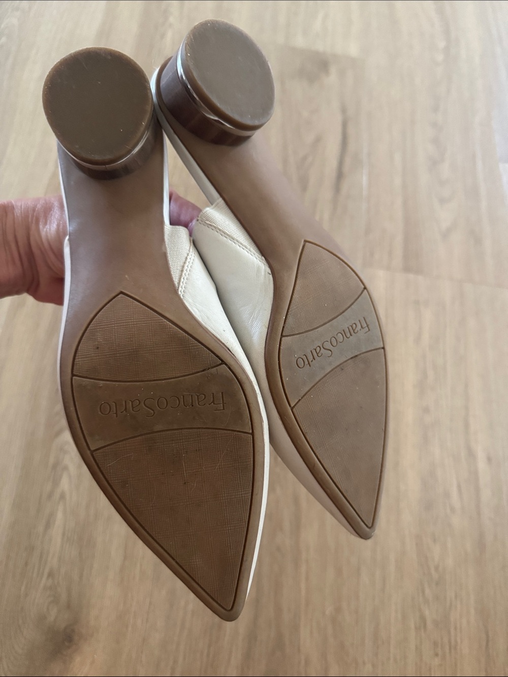 Franco Sarto Bone colored Leather Mules with gold accent on a wooden heal. - Picture 3 of 4